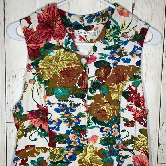 Vintage floral cotton linen A-line button Dress - Picture 5 of 11